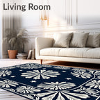 Navy Ivory Floral Star Pattern Rug