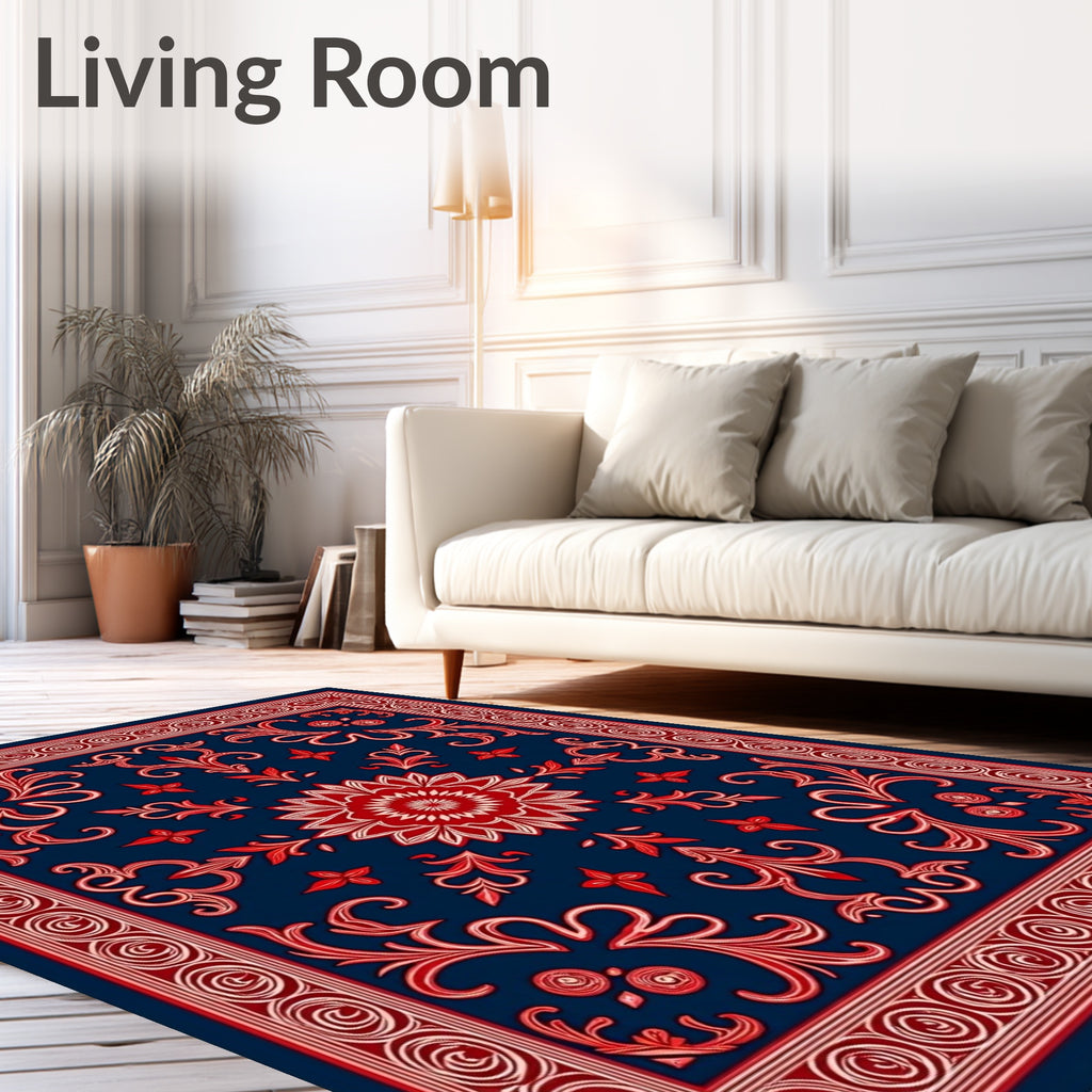 Vibrant Red Navy Floral Scroll Rug
