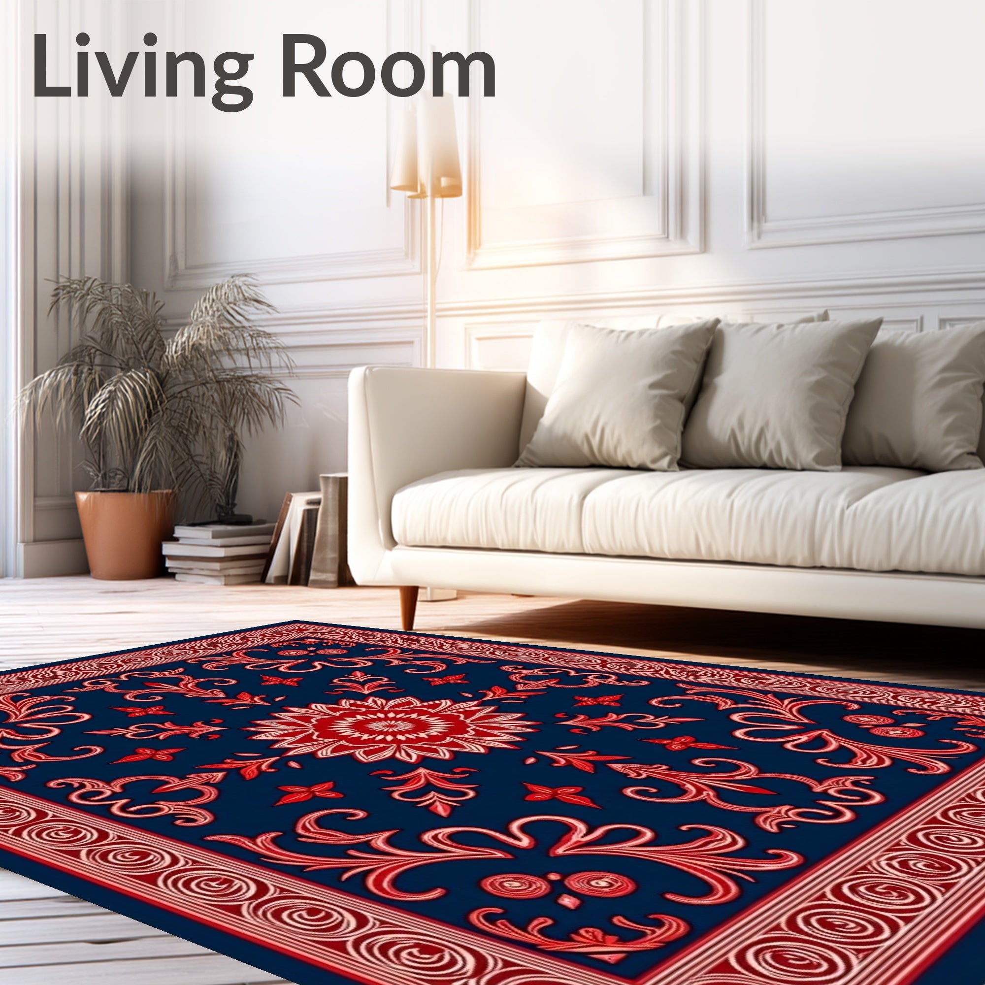 Vibrant Red Navy Floral Scroll Rug