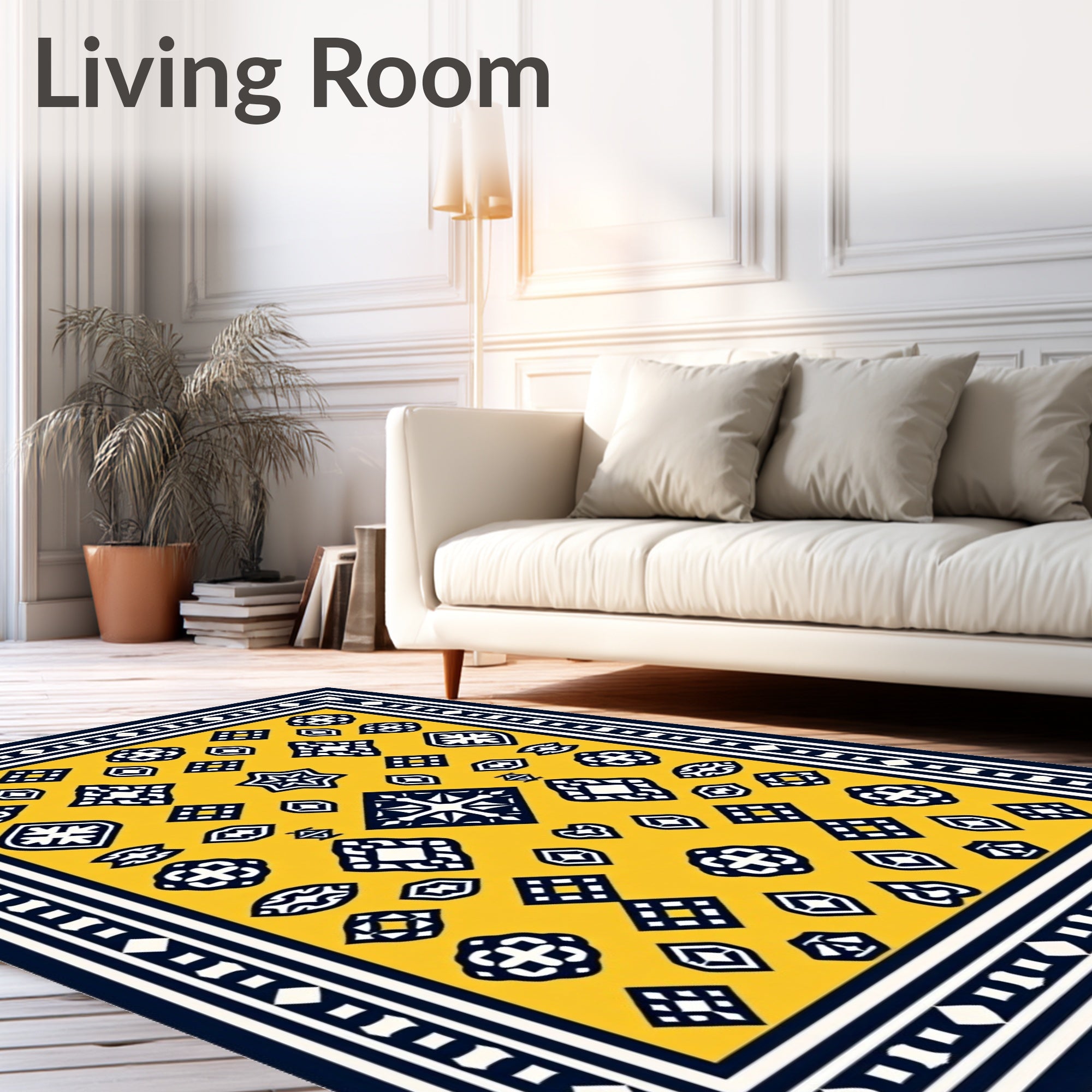 Geometric Motif Yellow Navy Area Rug
