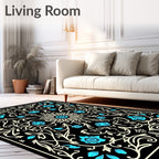 Black Teal Floral Scrollwork Pattern Rug