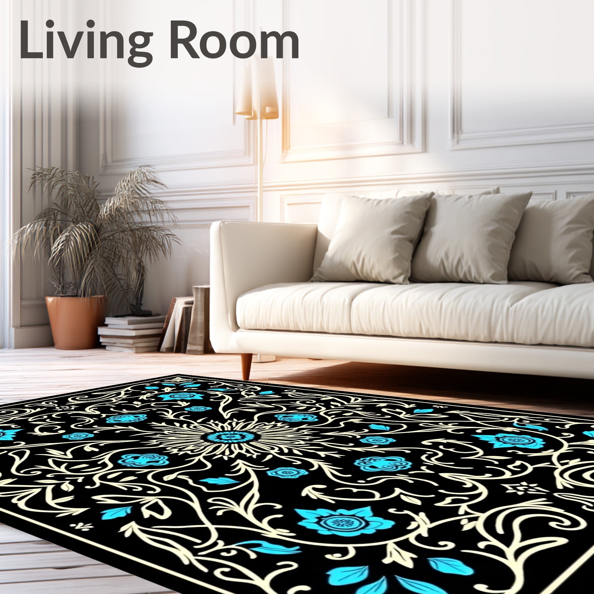 Black Teal Floral Scrollwork Pattern Rug