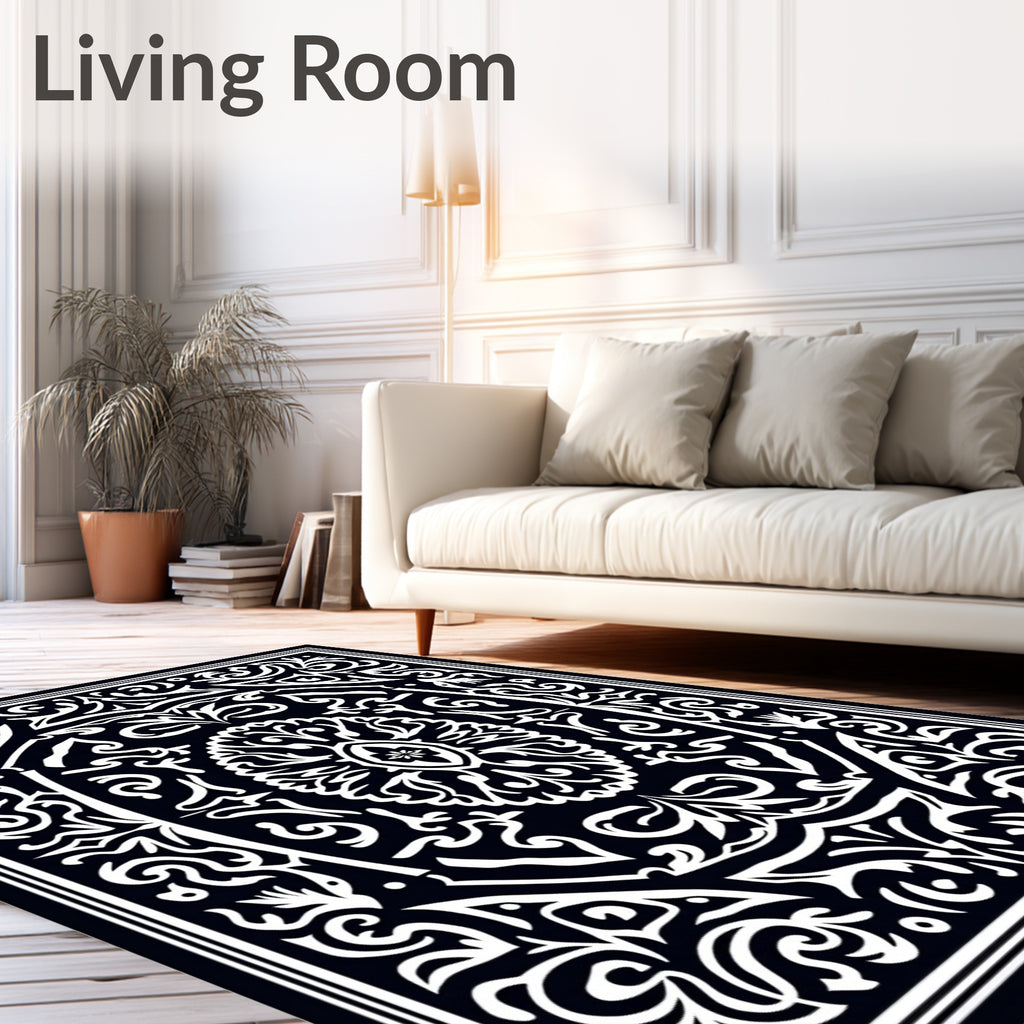 Classic Black White Intricate Ornate Rug