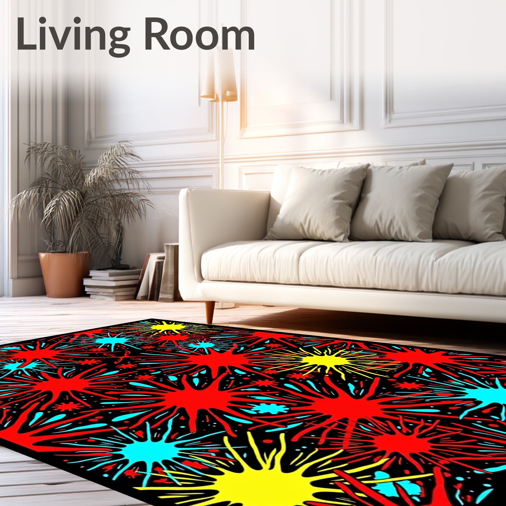 Vibrant Red Aqua Yellow Starburst Design Rug