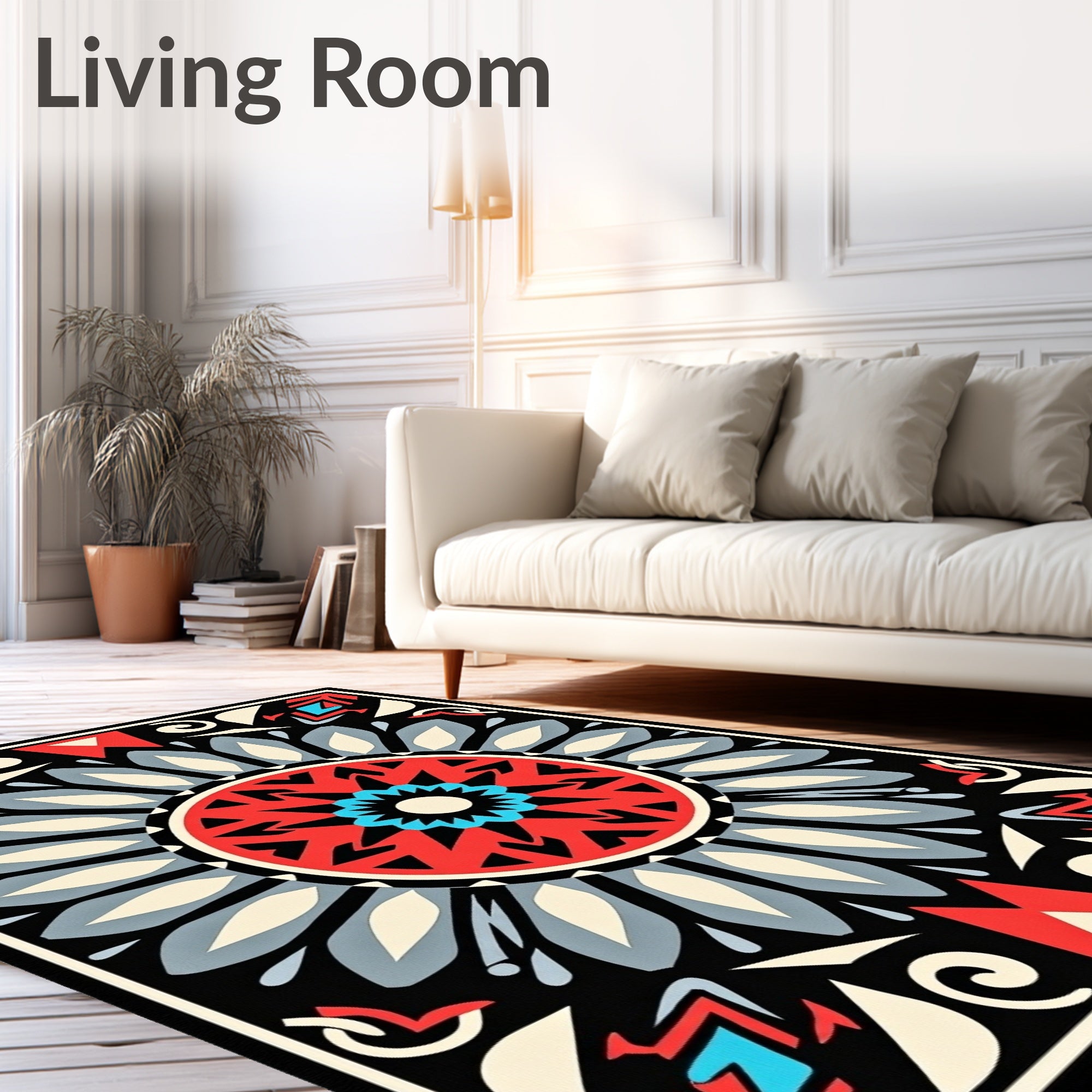Bold Red Blue Geometric Mandala Design Rug