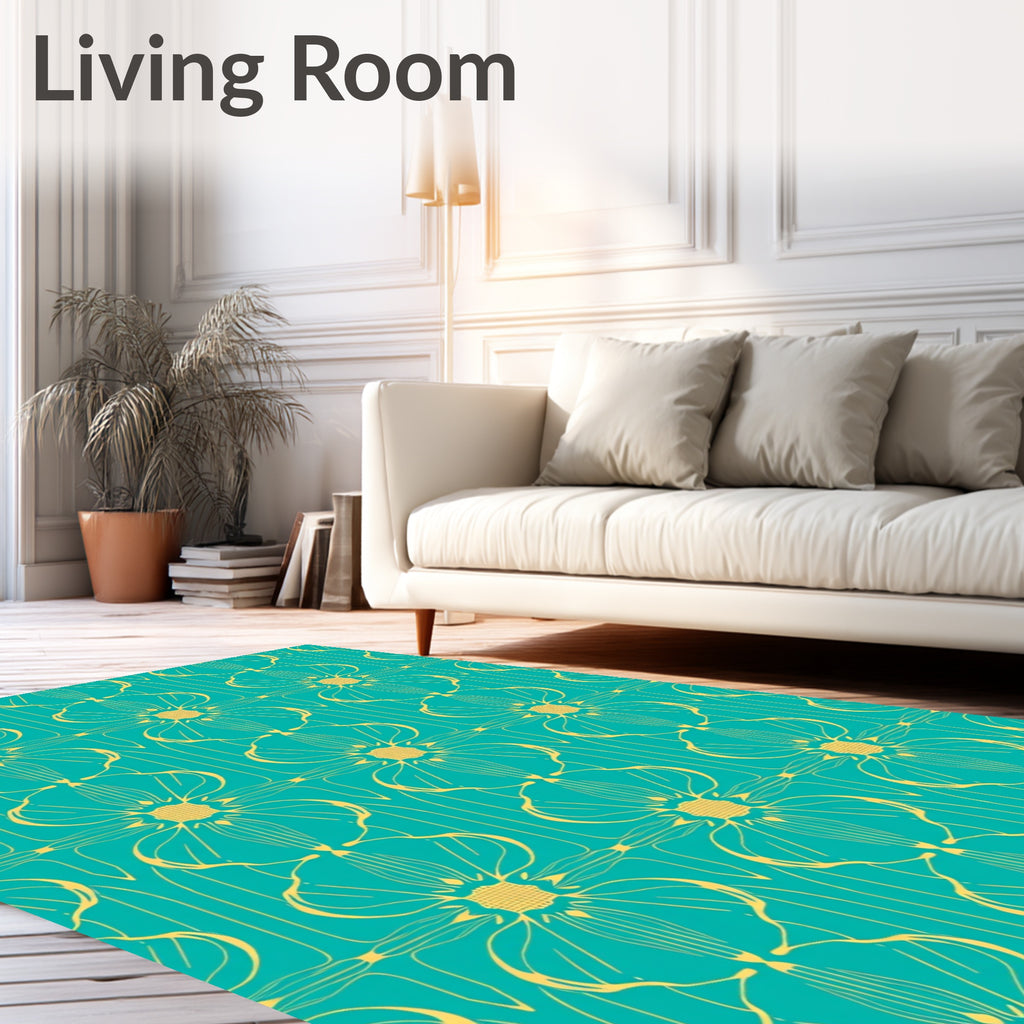 Turquoise Gold Floral Art Deco Pattern Rug