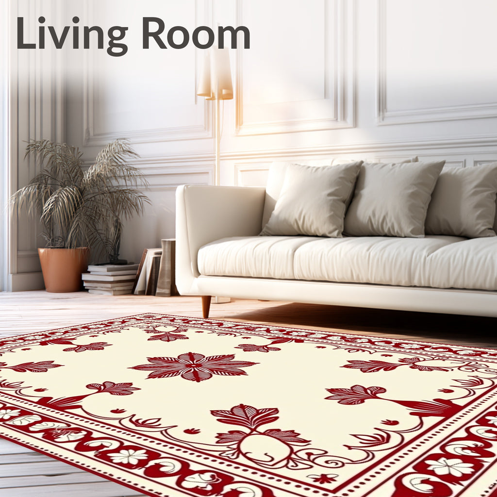 Red Floral Scroll Border Design Rug