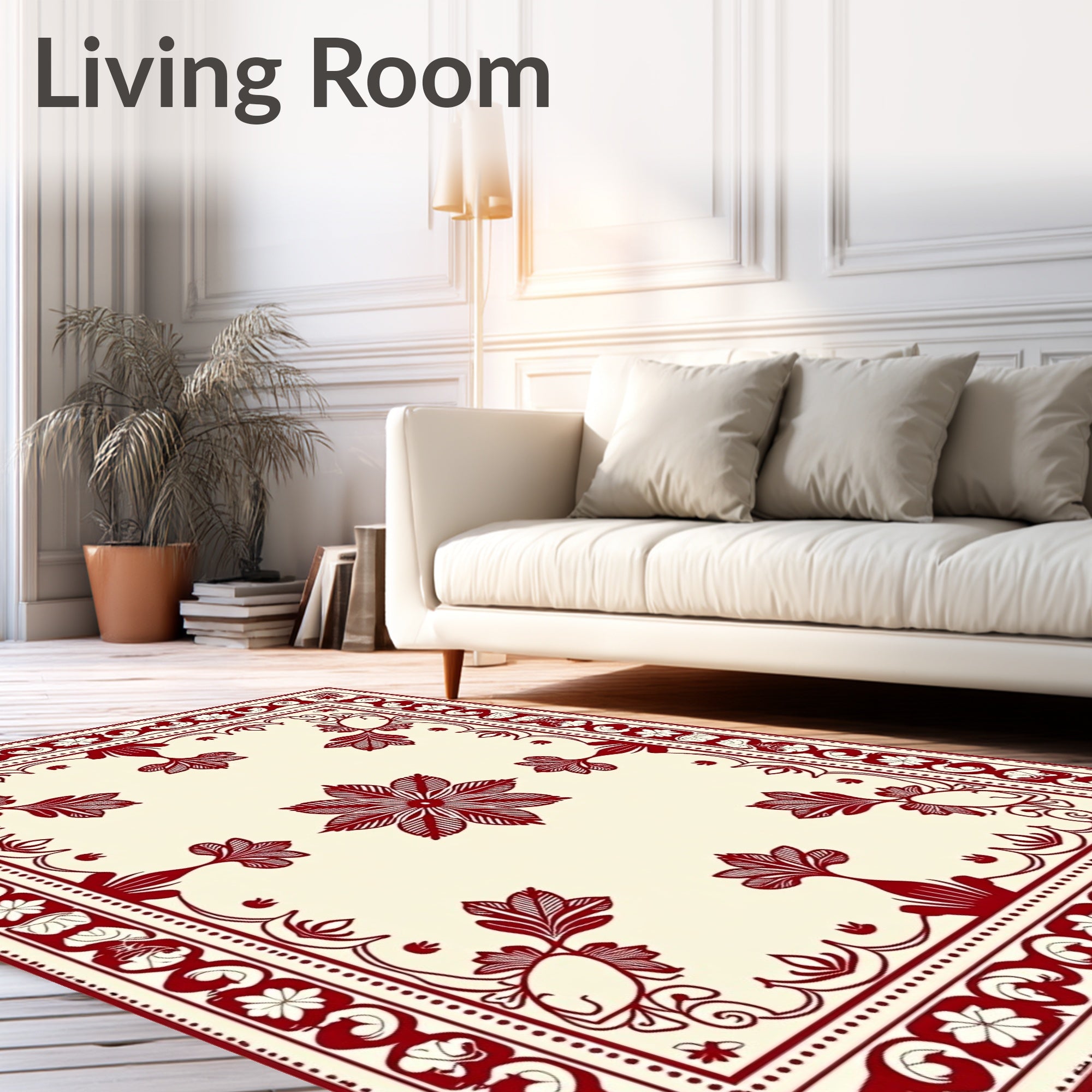 Red Floral Scroll Border Design Rug