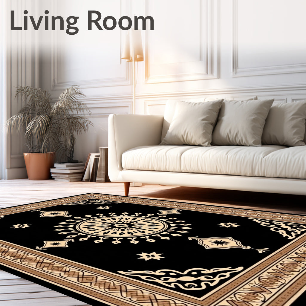 Ornate Black Cream Sunburst Pattern Rug
