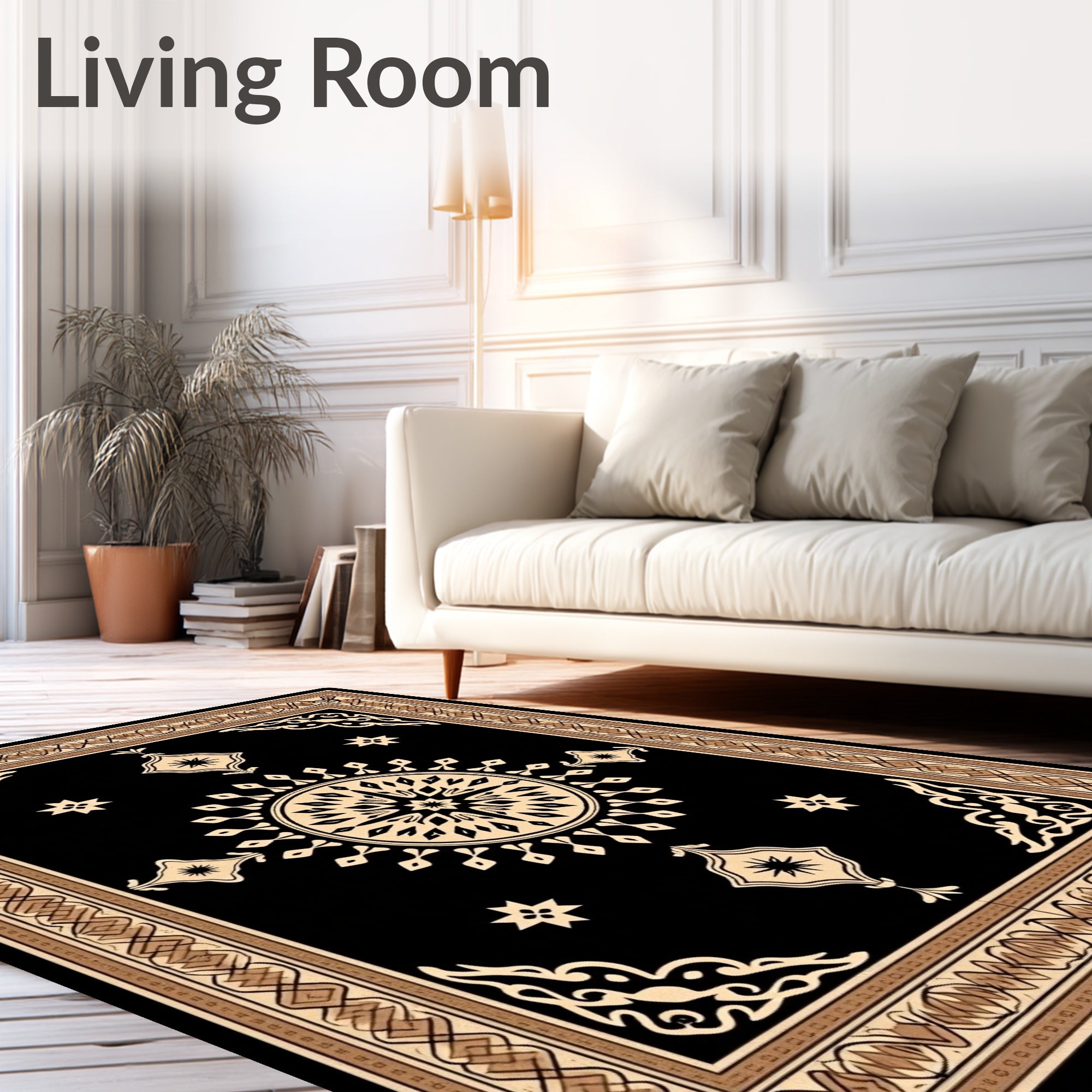 Ornate Black Cream Sunburst Pattern Rug