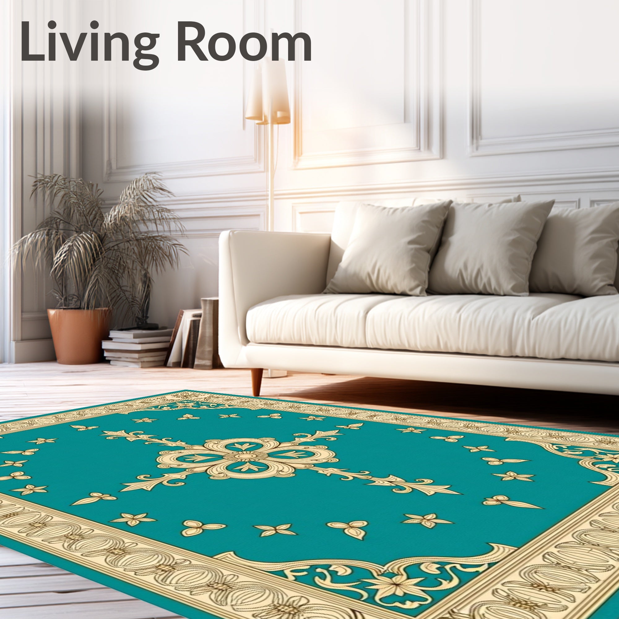 Teal Gold Medallion Floral Border Design Rug