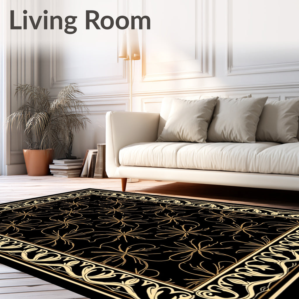 Elegant Black Gold Floral Border Rug