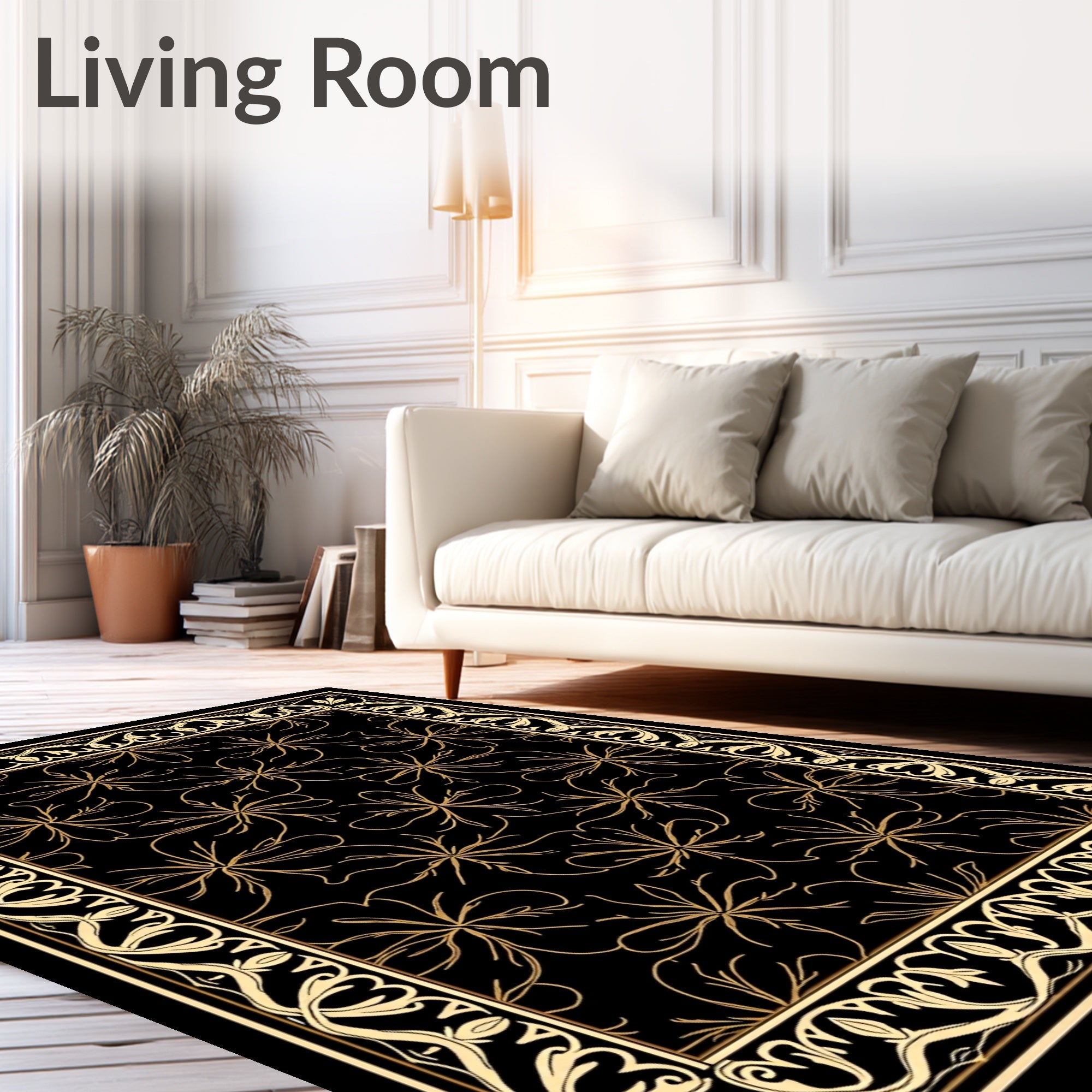 Elegant Black Gold Floral Border Rug