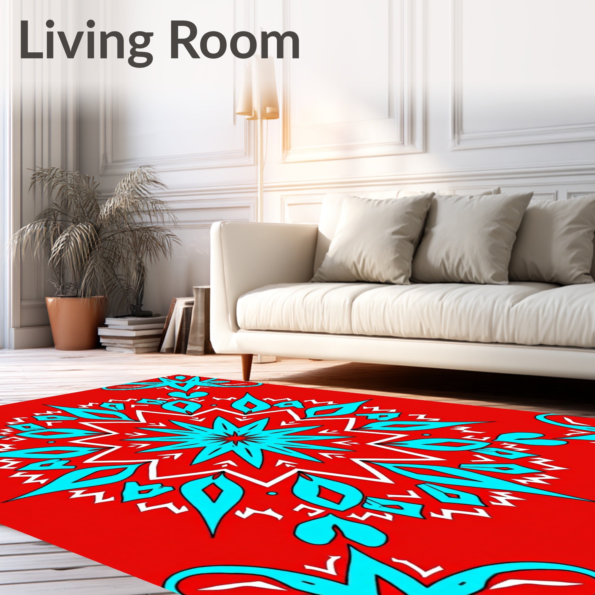 Vibrant Red Teal Snowflake Mandala Design Rug