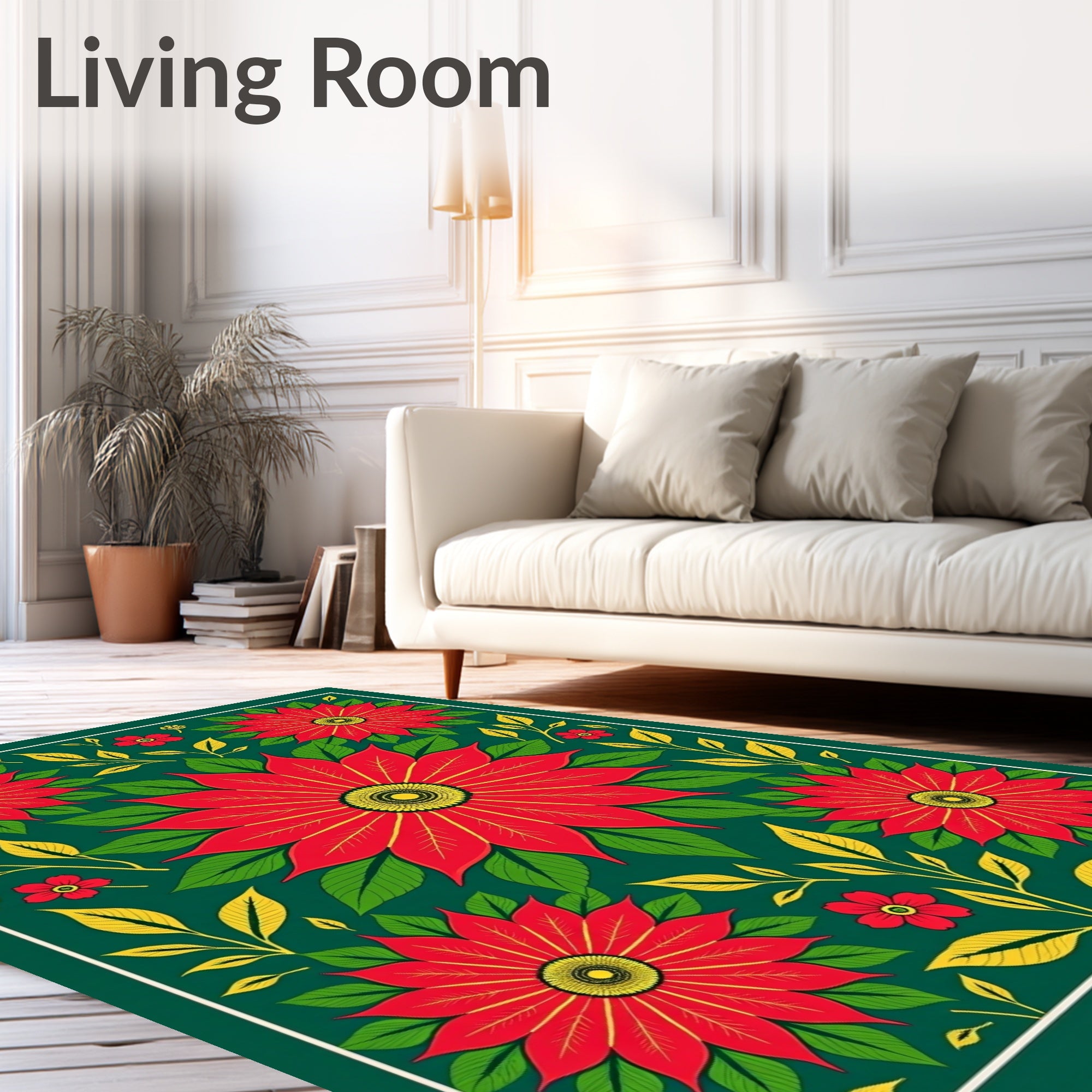 Vibrant Red Poinsettia Floral Foliage Rug