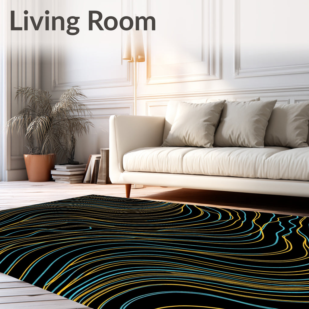Abstract Yellow Blue Wavy Lines Rug