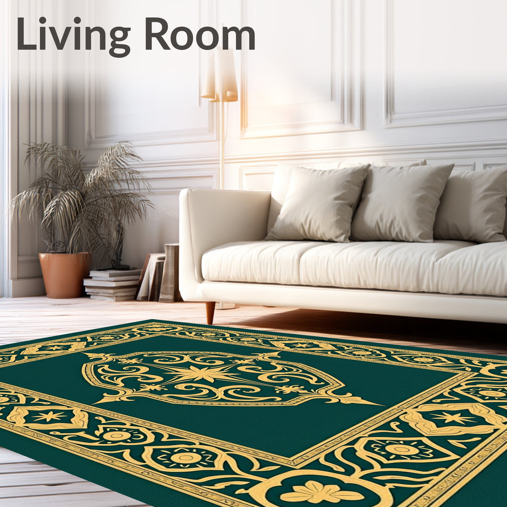 Ornate Gold Teal Scrollwork Design Rug