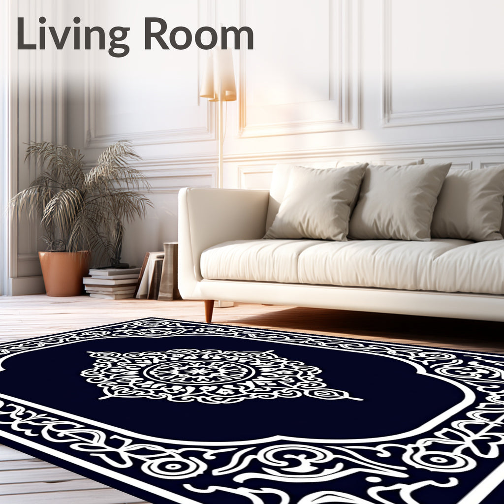 Intricate White Floral Border Design Rug