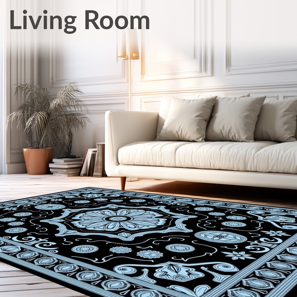 Ornate Floral Medallion Black Blue Rug