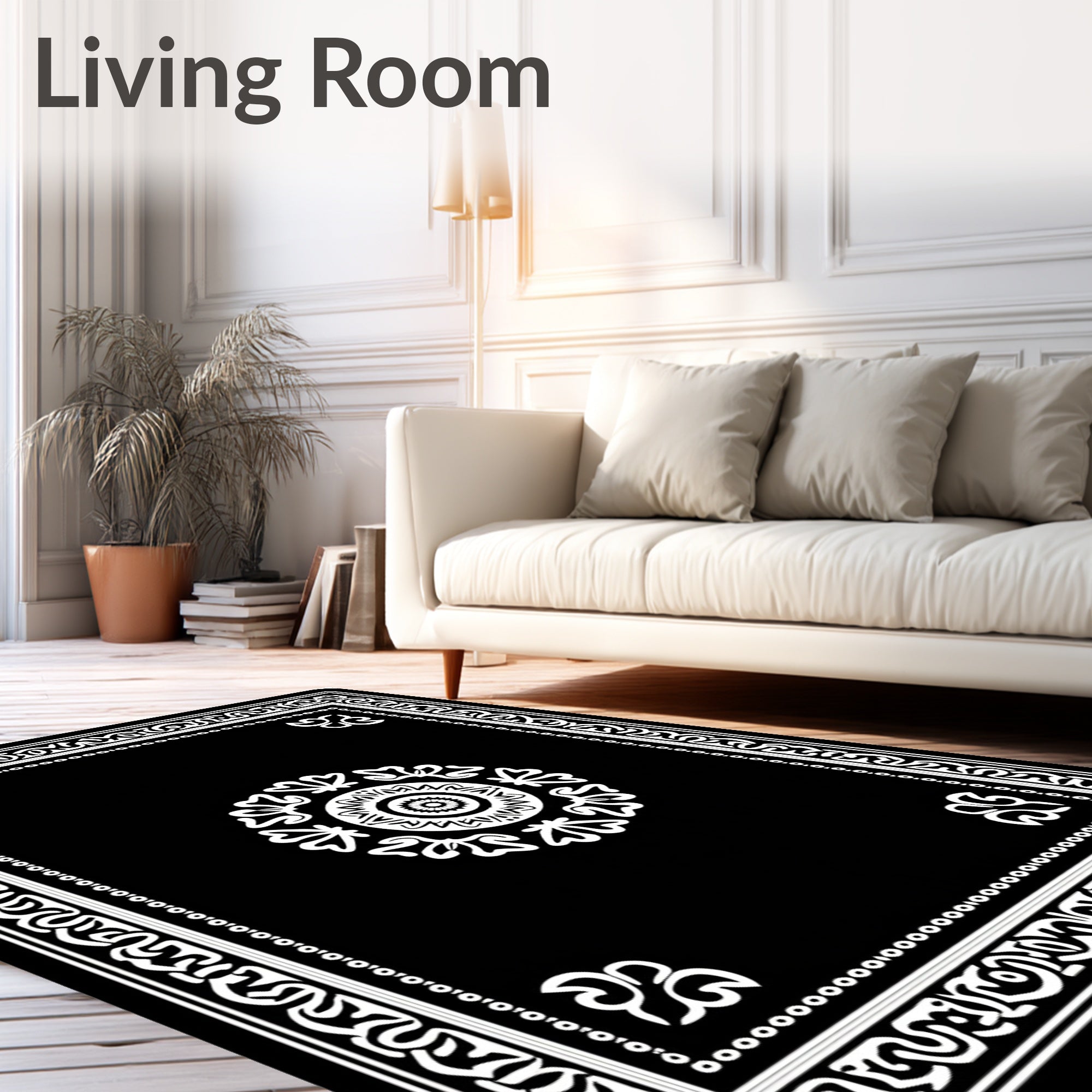 Black White Ornate Mandala Pattern Rug