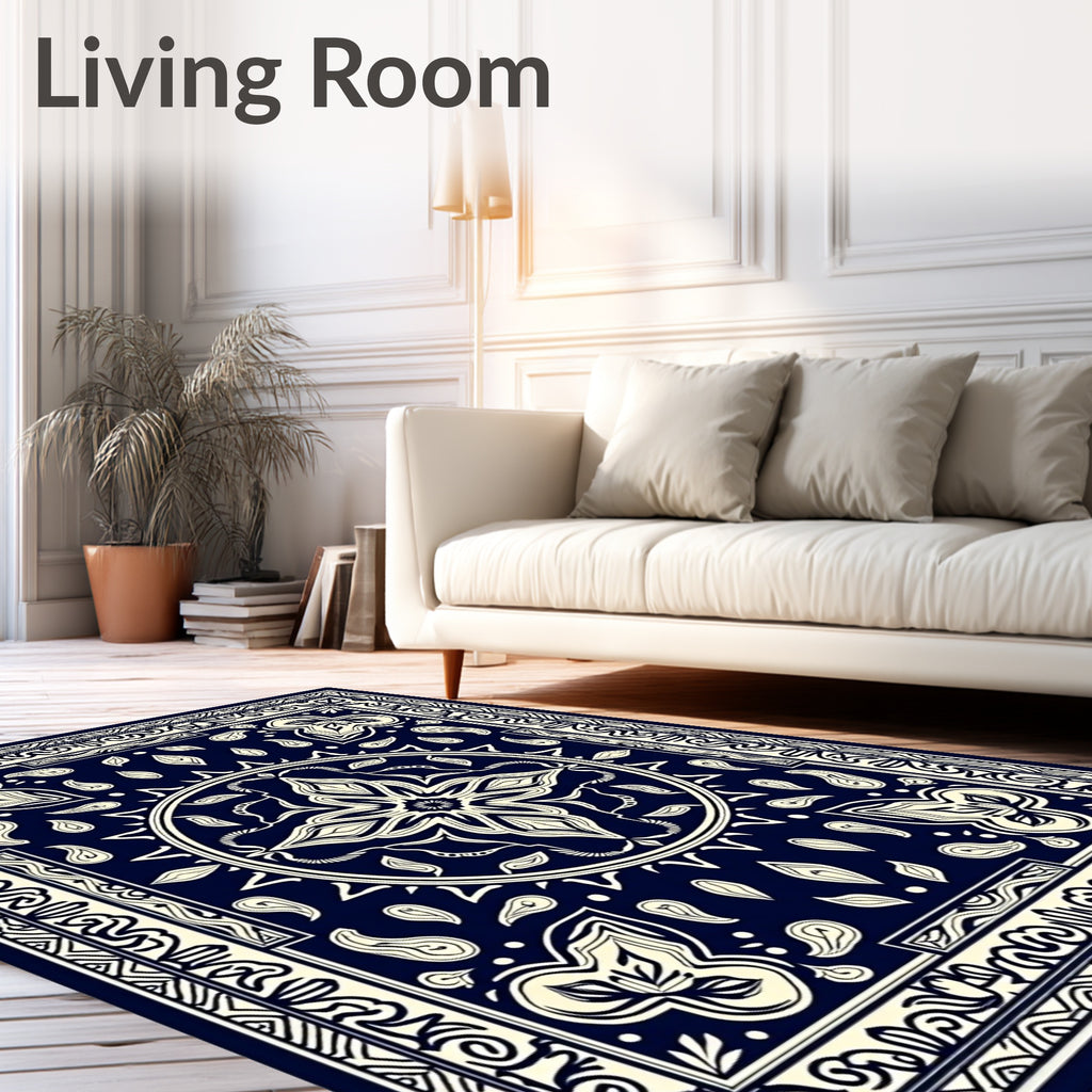 Navy and Cream Mandala Floral Pattern Rug