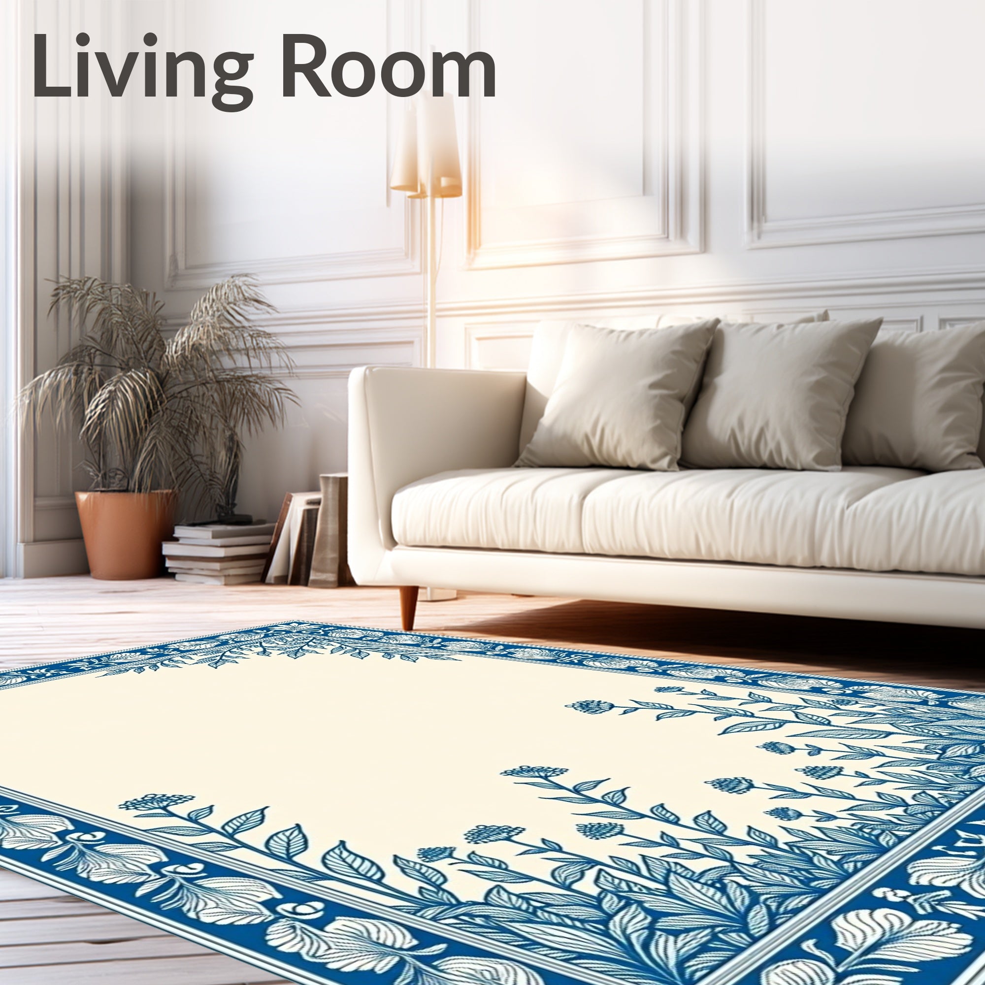 Detailed Floral Botanical Blue White Frame Rug