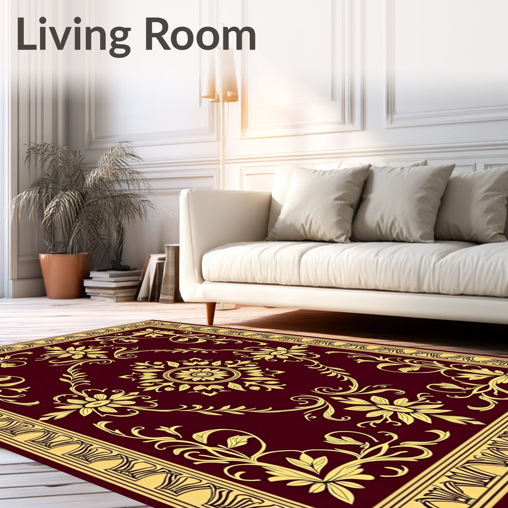 Elegant Floral Patterned Burgundy Rug