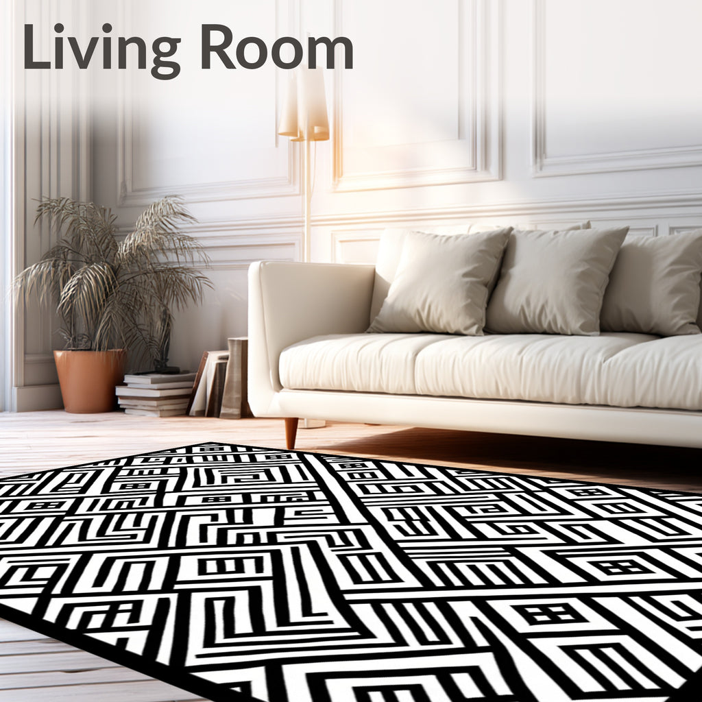Bold Black White Geometric Labyrinth Rug