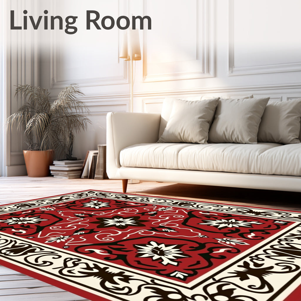 Red Ivory Black Floral Medallion Design Rug