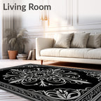 Elegant Black White Floral Scroll Rug