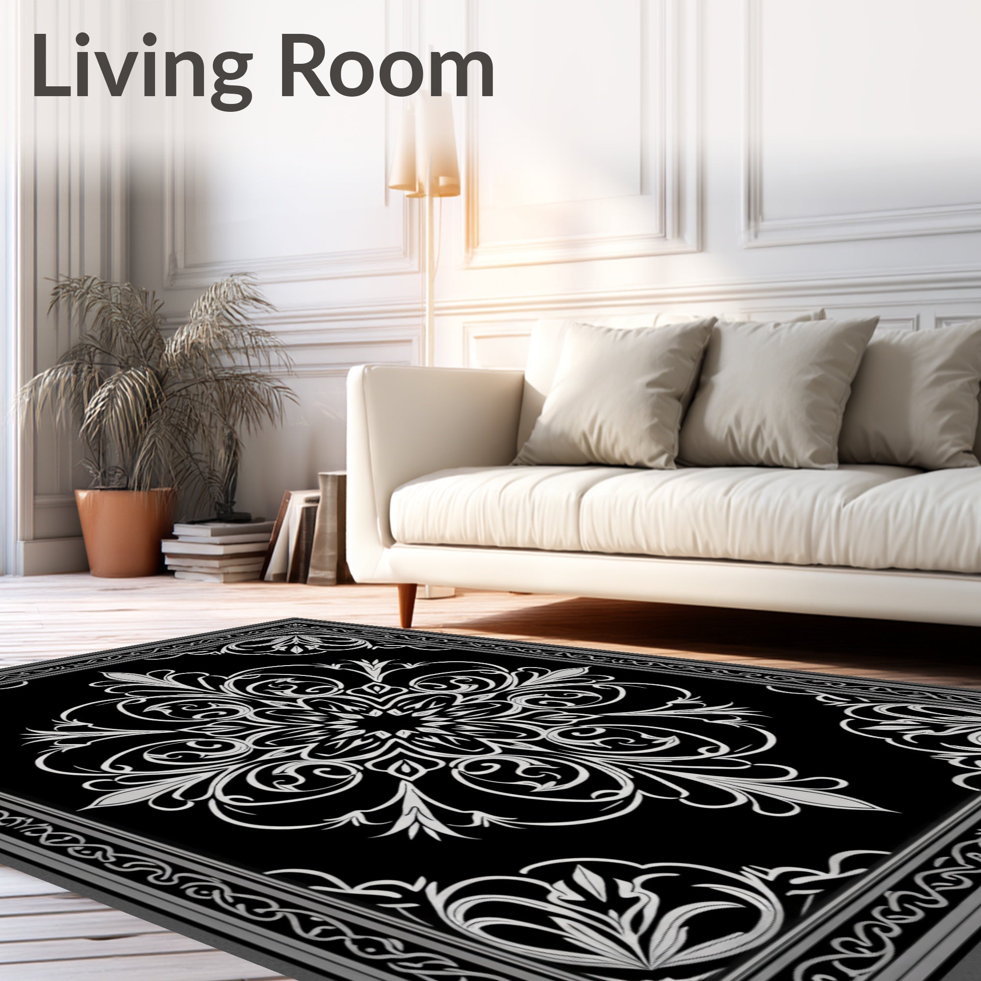 Elegant Black White Floral Scroll Rug
