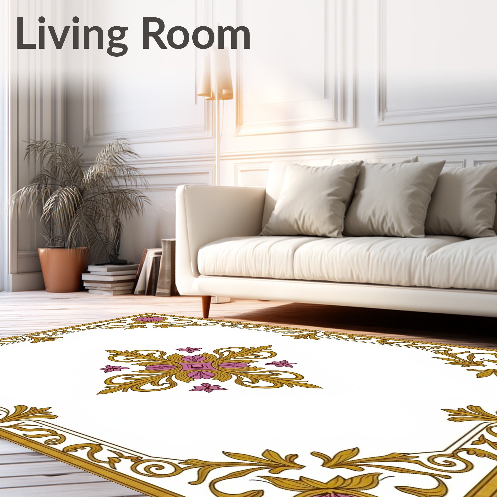 Ornate Floral Golden Scroll Pattern Rug