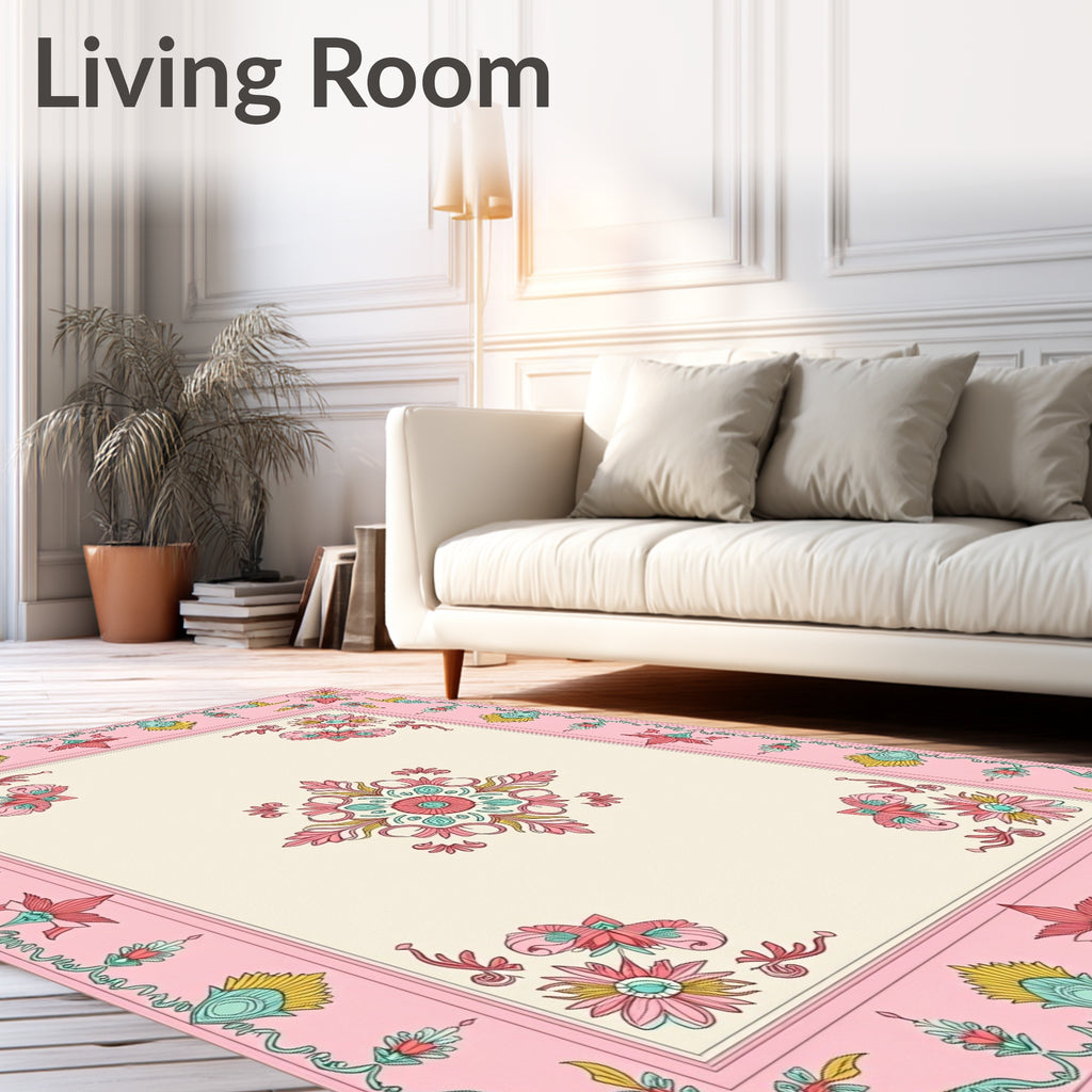 Delicate Floral Mandala Pink Teal Cream Design Rug