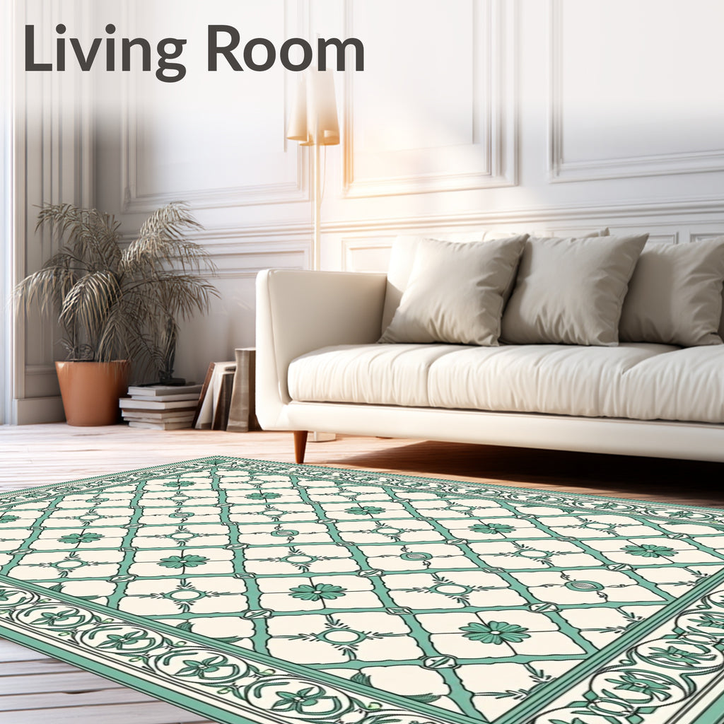 Mint Green Lattice Floral Art Deco Rug