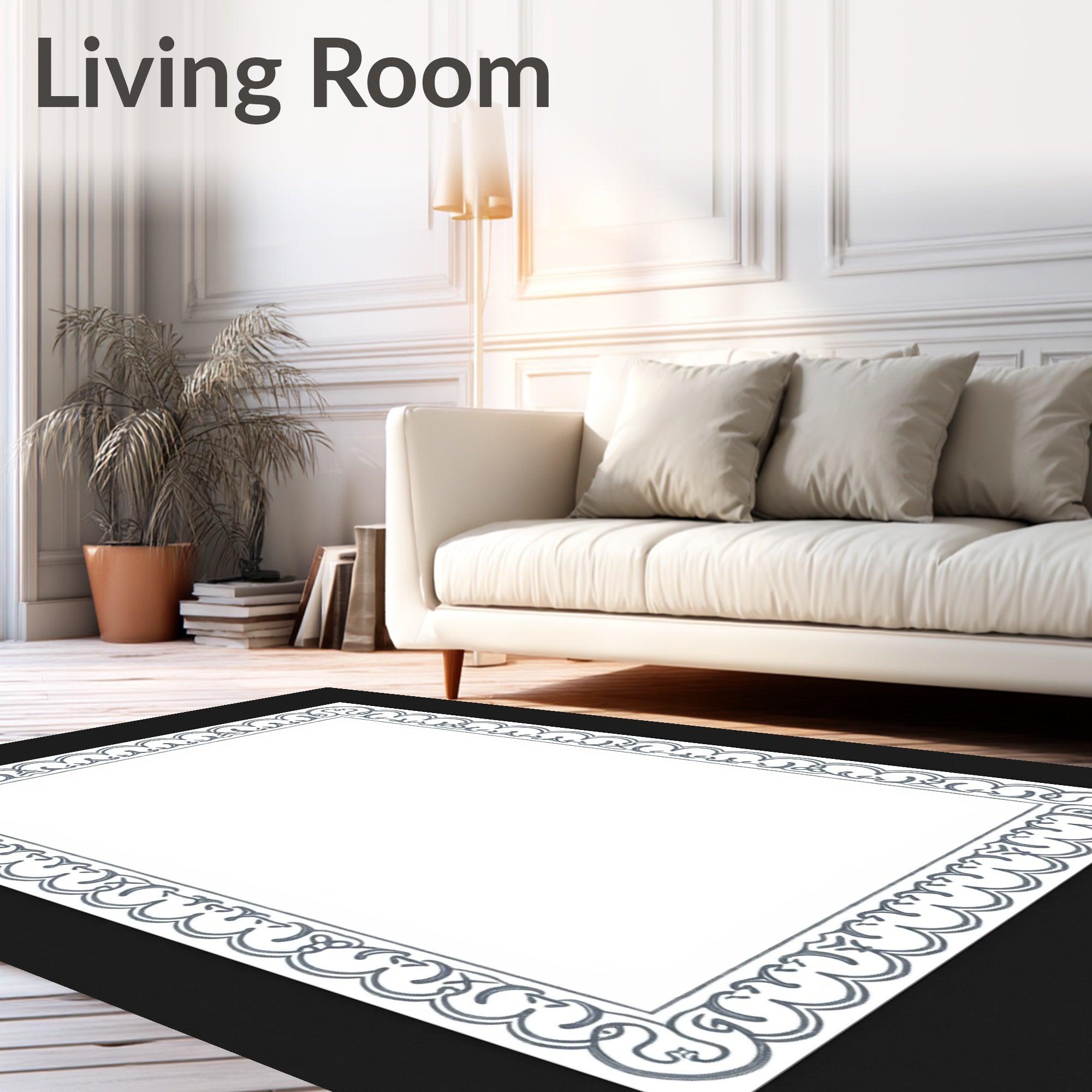 Ornate Gray Scrollwork Frame Rug