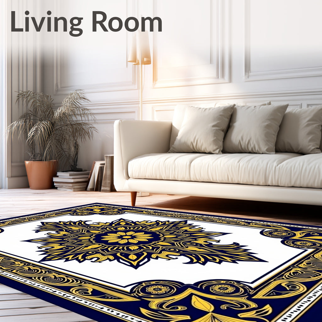Rich Blue Gold Ornate Floral Rug
