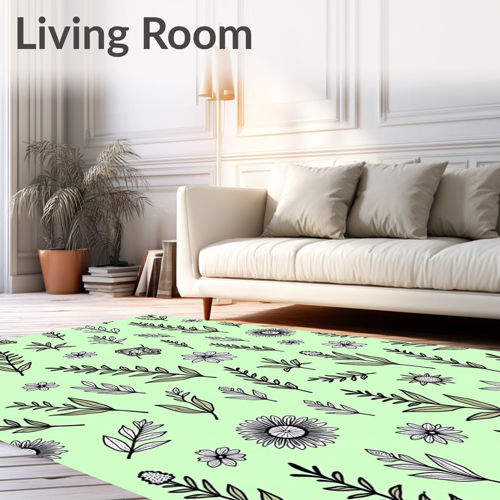 Light Green Botanical Sketch Pattern Rug