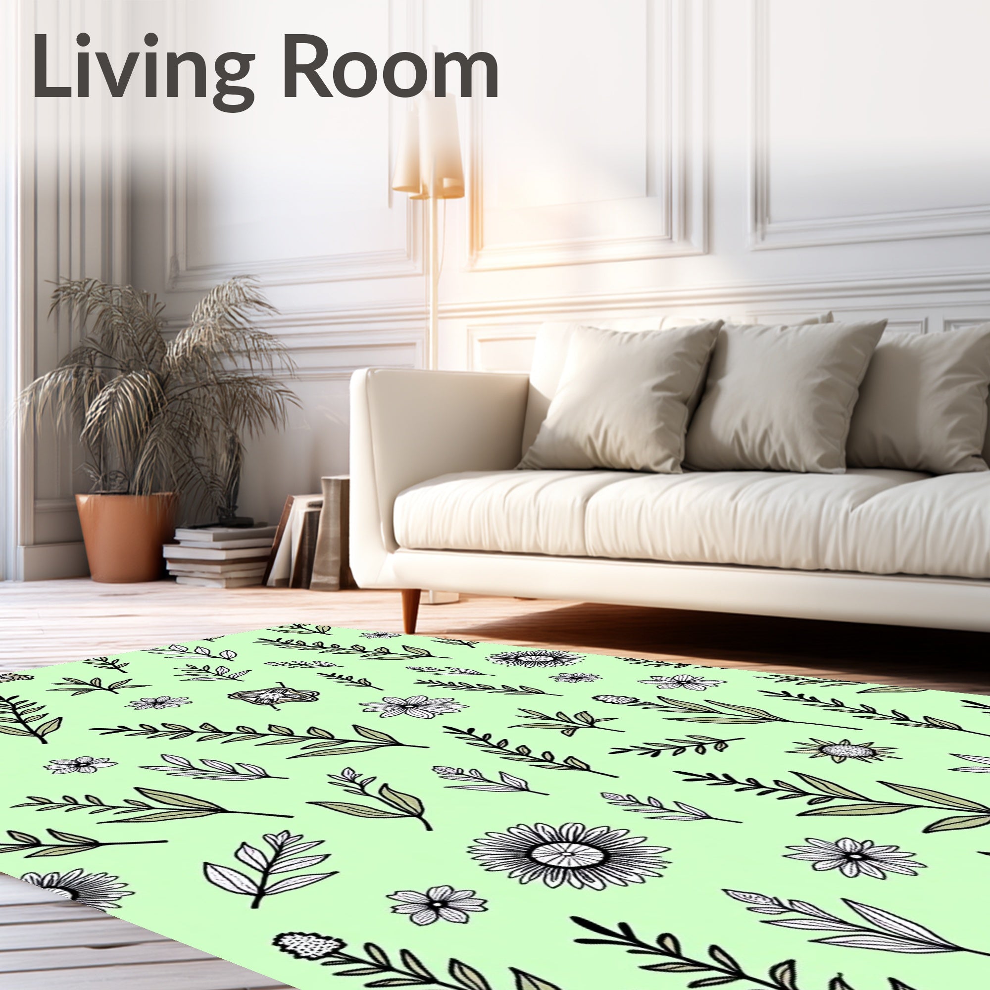 Light Green Botanical Sketch Pattern Rug