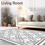 Ornate Scrollwork Black White Design Rug