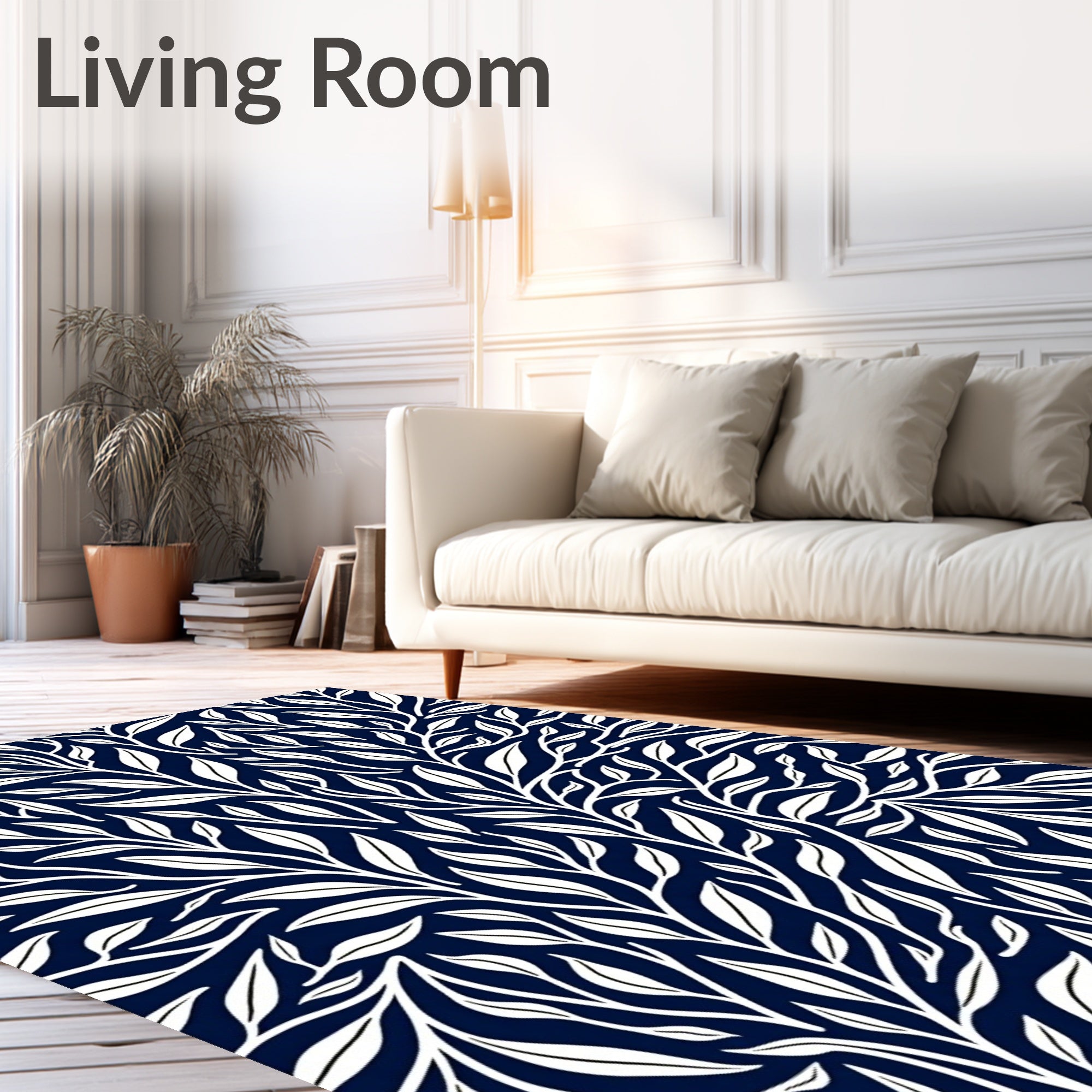 Dark Blue White Leafy Branch Pattern Rug