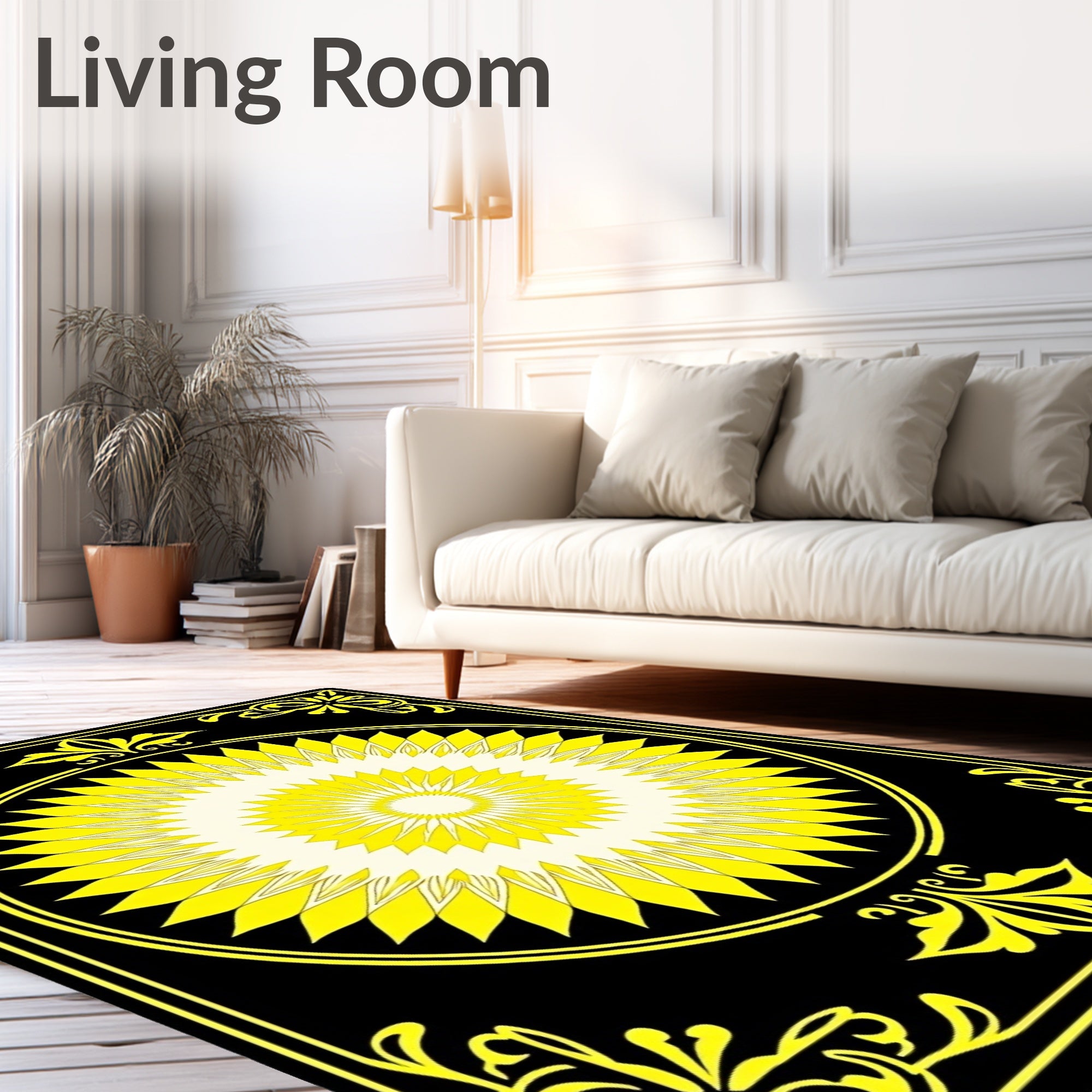 Bold Yellow Black Sunburst Medallion Rug