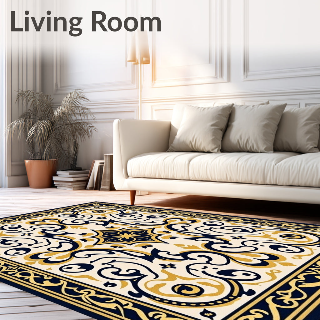Elegant Navy Gold Scrollwork Pattern Rug
