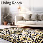 Elegant Navy Gold Scrollwork Pattern Rug
