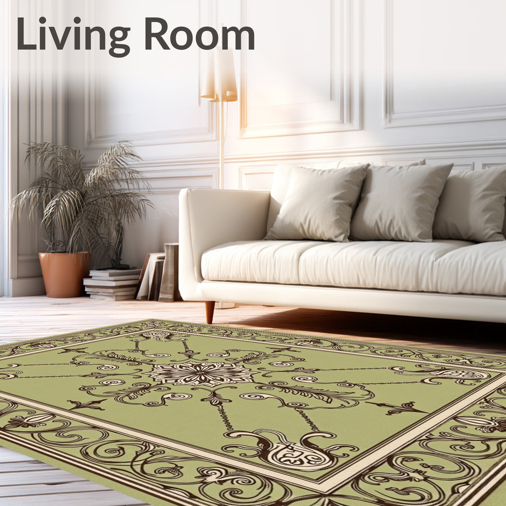 Olive Green Floral Scrollwork Design Rug