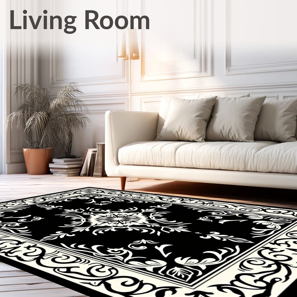 Traditional Black and White Floral Medallion Rug
