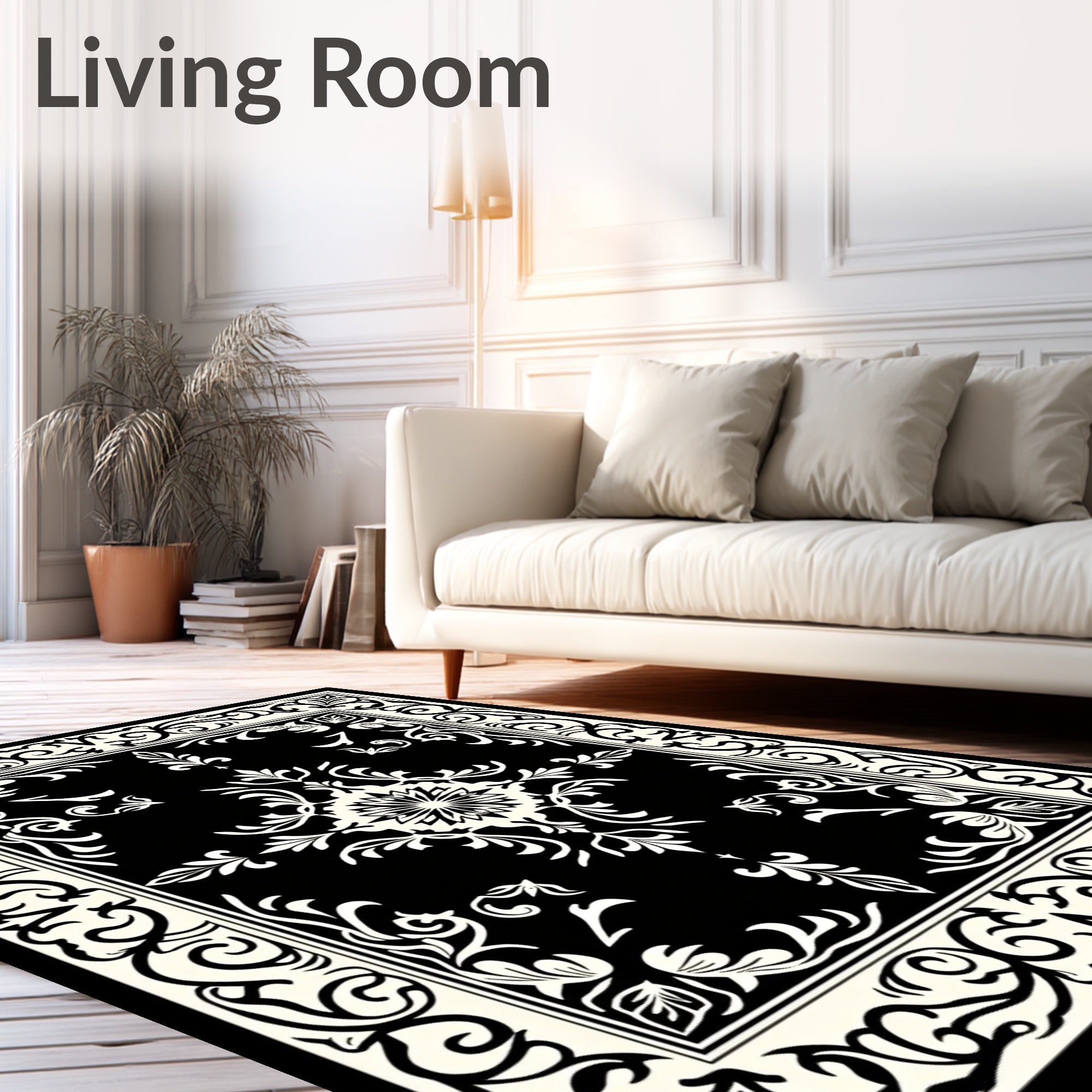 Traditional Black and White Floral Medallion Rug