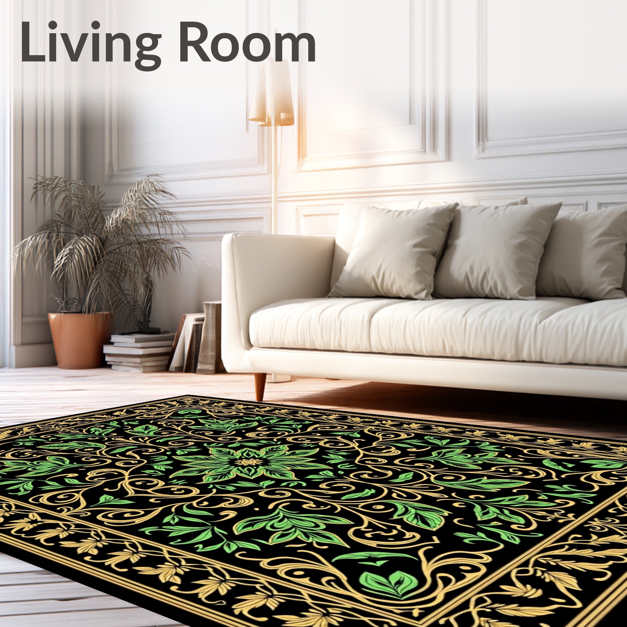 Ornate Floral Scrollwork With Green Leaves Rug