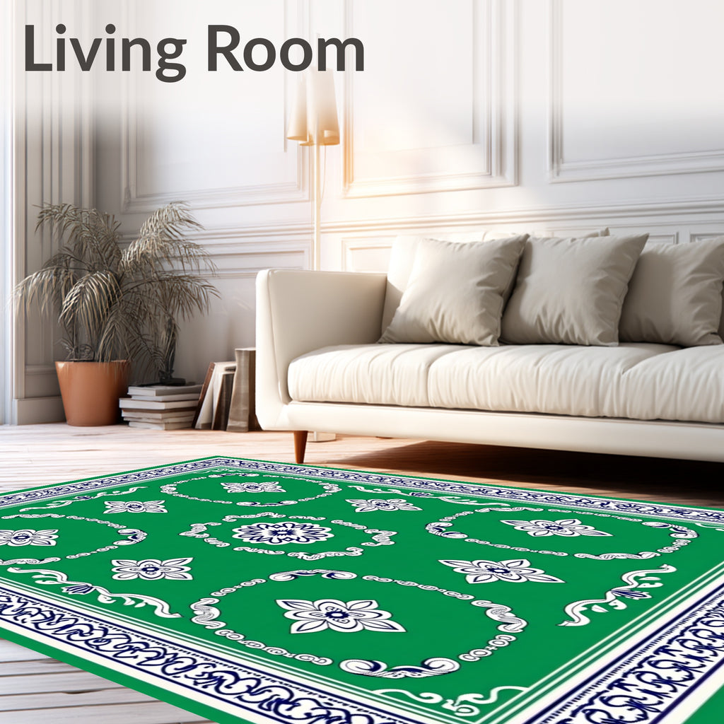 Green Floral Medallion Border Design Rug