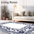 Intricate Indigo Floral Border Design Rug