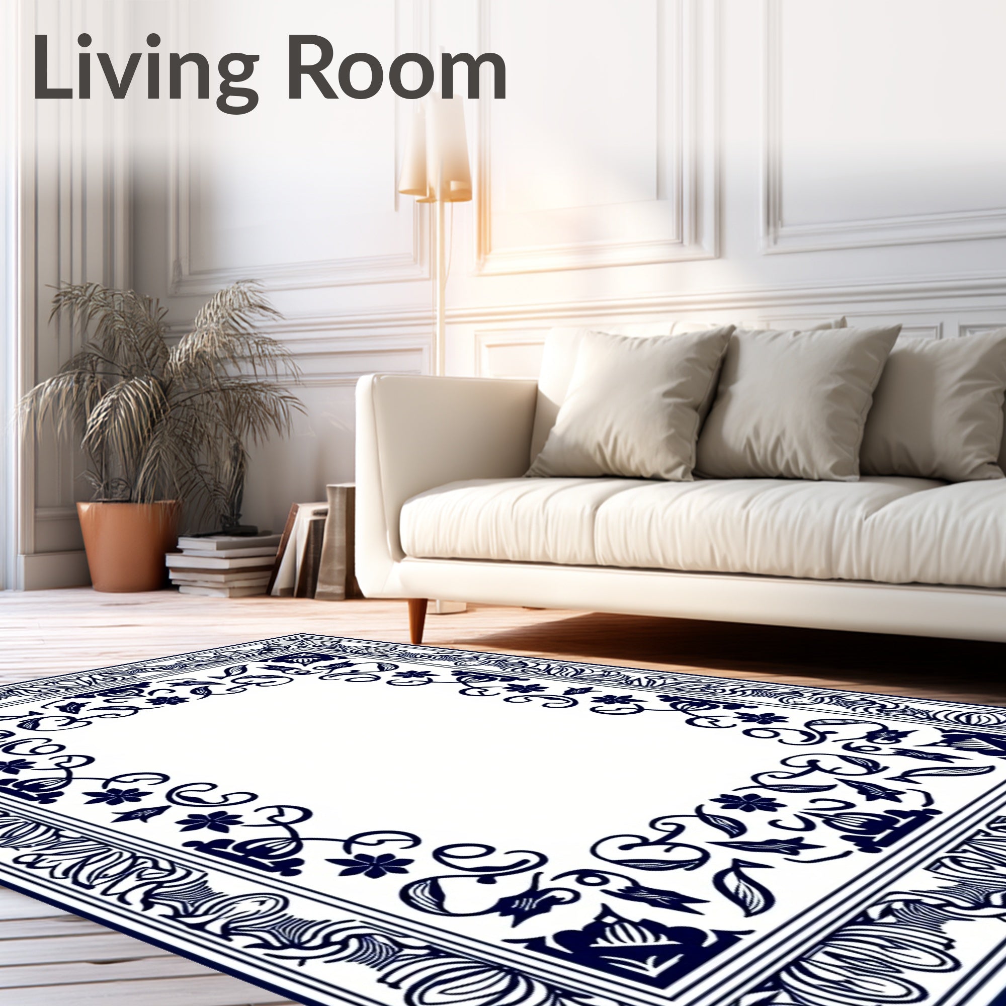 Intricate Indigo Floral Border Design Rug